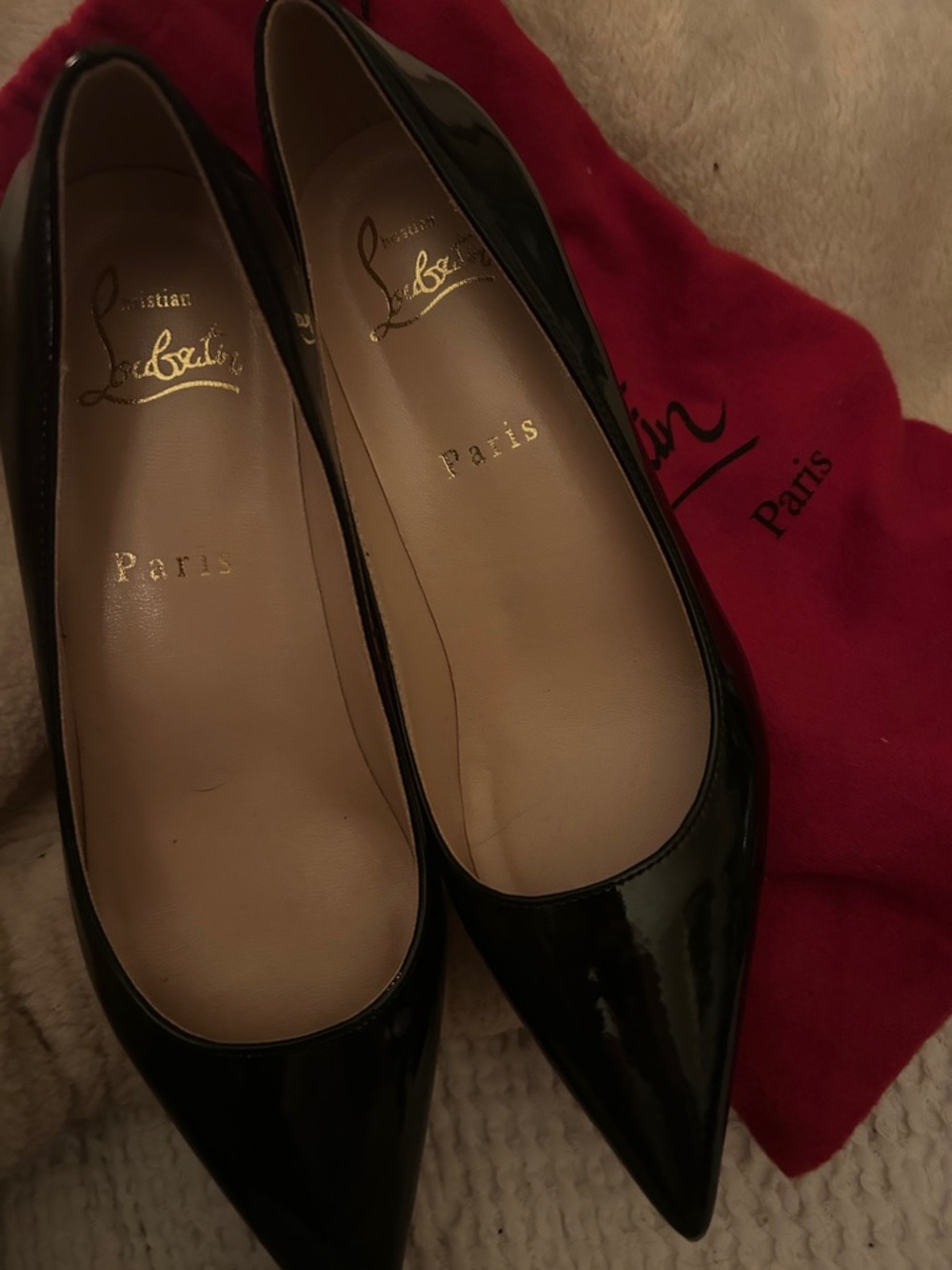 Christian Louboutin Black Patent Pointed Pumps with Red Sole Accent